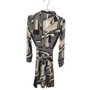 NY Collection Womens Geometric Print Shirtdress With Belt Long Sleeves Size S